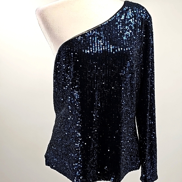WHBM Blue Sequined Exposed Shoulder Evening Blouse - Picture 9 of 13